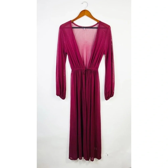 Thin Mesh Long Sleeve Tie Front Swimsuit Swim Beach Maxi Cover Up Dress - Picture 2 of 8